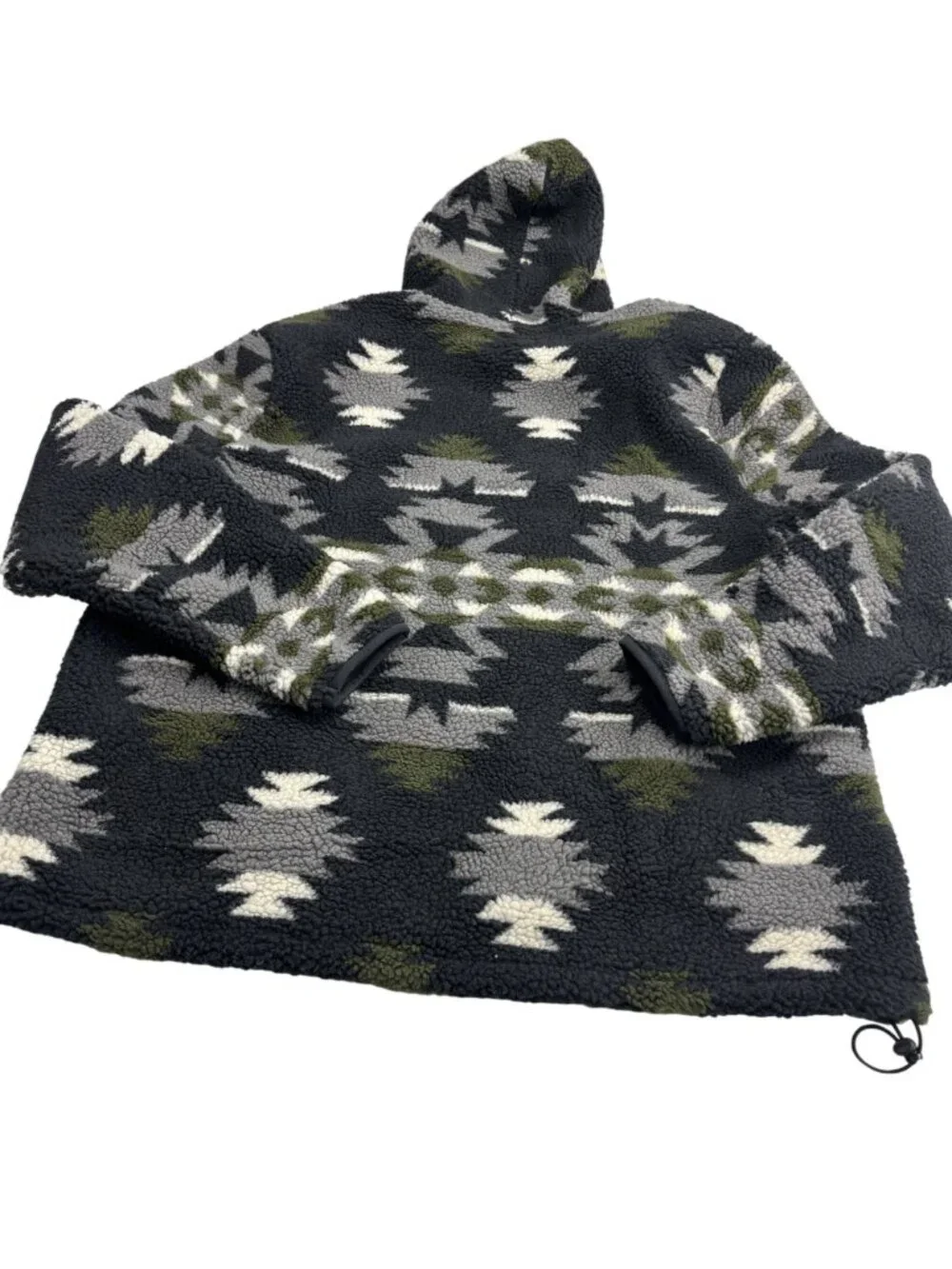 Lucky Brand Mens XL Aztec Pattern Fleece Pullover Hoodie With Zip Pocket Black/G - Picture 2 of 9